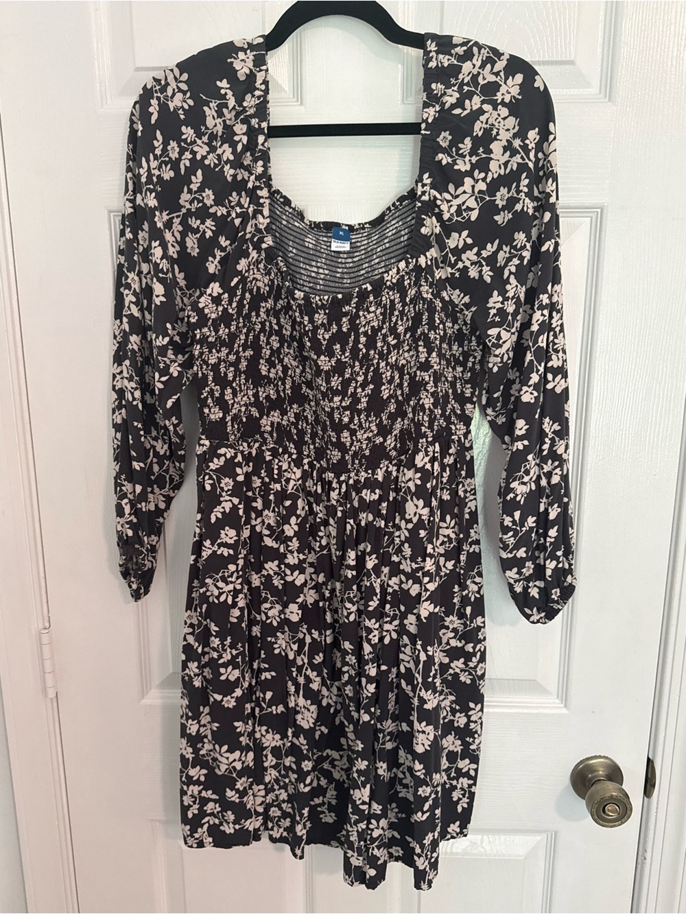 Grey and Cream Floral Smocked Waist Dress